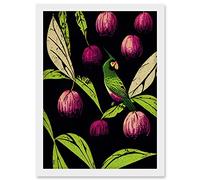 Wee Blue Coo Parrot in Tree Fruit Bright Green and Purple Black Colour Linocut Illustration Modern Vintage Artwork Framed Wall Art Print A4