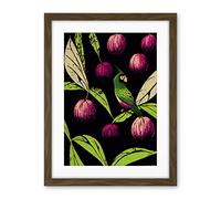 Wee Blue Coo Parrot In Tree Fruit Bright Green And Purple Black Colour Linocut Illustration Modern Vintage Artwork Framed Wall Art Print 18X24 Inch