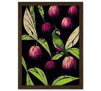 Wee Blue Coo Parrot in Tree Fruit Bright Green and Purple Black Colour Linocut Illustration Modern Vintage Artwork Framed A3 Wall Art Print