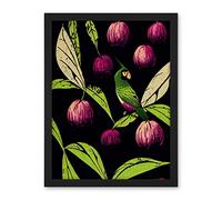 Wee Blue Coo Parrot in Tree Fruit Bright Green and Purple Black Colour Linocut Illustration Modern Vintage Artwork Framed Wall Art Print 18X24 Inch