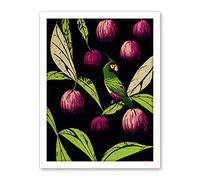 Wee Blue Coo Parrot in Tree Fruit Bright Green and Purple Black Colour Linocut Illustration Modern Vintage Artwork Framed Wall Art Print 18X24 Inch