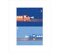 Wee Blue Coo PATTERN CHILDREN TRAINS BLUE NIGHT KIDS CARTOON FRAMED ART PRINT MOUNT B12X8939