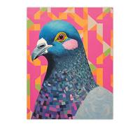 Wee Blue Coo Perky Pigeon Oil Painting Pink Orange Blue Vibrant Animal Portrait Large Wall Art Poster Print Thick Paper 18X24 Inch