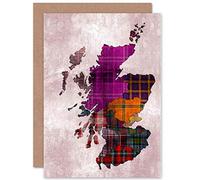 Wee Blue Coo Personalised Scotland Map Stylised Tartan Tweed Greeting Card Arty Art All Occasion Birthday