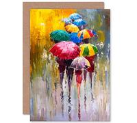 Wee Blue Coo Personalised Umbrellas In The Rain Colourful Painting Greeting Card Arty Art All Occasion Birthday