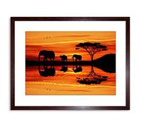 Wee Blue Coo Photo African Elephant Silhouette Sunset Framed Wall Art Print