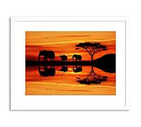 Wee Blue Coo Photo African Elephant Silhouette Sunset Framed Wall Art Print