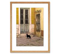 Wee Blue Coo Photo Black Cat Contrast Yellow Brick Old Door Framed Wall Art Print