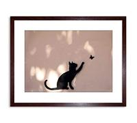 Wall Art Print Photo Cat Butterfly Silhouette Graffiti Artwork Framed 9X7 Inch Artery8 Brown W7 inch x H9 inch