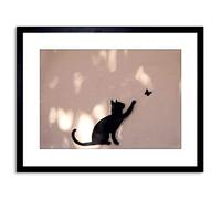 Wall Art Print Photo Cat Butterfly Silhouette Graffiti Artwork Framed 9X7 Inch Artery8 Black W7 inch x H9 inch