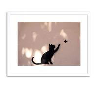 Wall Art Print Photo Cat Butterfly Silhouette Graffiti Artwork Framed 9X7 Inch Artery8 White W7 inch x H9 inch