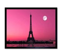 Wee Blue Coo Photo Cityscape Paris France Dawn Pink Moon Eiffel Tower Art Print Framed Poster Wall Decor 12X16 Inch