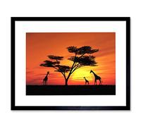 Wee Blue Coo Photo Composition African Sun Silhouette Giraffe Picture Framed Wall Art Print