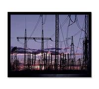 Wee Blue Coo Photo Electricity Pylons Silhouette Power Energy Sunset Art Print Framed Poster Wall Decor 12X16 Inch