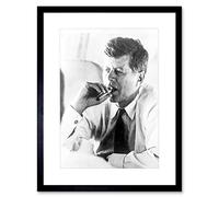 President John Kennedy Smoking Cigar JFK Vintage Black and White Photograph Artwork Framed Wall Art Print 12X16 Inch Artery8 Black One Size