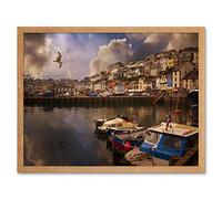 Wee Blue Coo Photography Cityscape Brixham Devon Harbour Boats Art Print Framed Poster Wall Decor 12X16 Inch