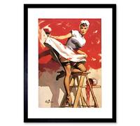 Wee Blue Coo Pin Up Girl Red Paint Artwork Framed Wall Art Print 12X16 Inch