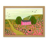 Wee Blue Coo Pink Cottage in the Countryside with Black Cat Artwork Framed A3 Wall Art Print