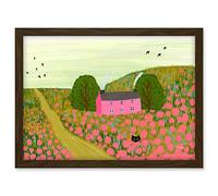 Wee Blue Coo Pink Cottage in the Countryside with Black Cat Artwork Framed A3 Wall Art Print
