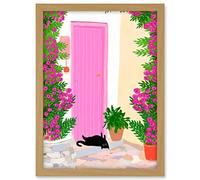 Wee Blue Coo Pink Door Floral Black Cat Bright Colourful Summer Artwork Framed A3 Wall Art Print