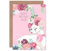Wee Blue Coo Pink Happy Birthday Mum Llama with Rose Flowers Sealed Greeting Card Plus Envelope Blank inside