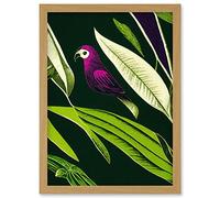 Artery8 Pink Parrot & Tropical Plant Leaves Vintage Linocut Pattern Detail Artwork Framed Wall Art Print A4 in Light Oak Artery8 Light Oak