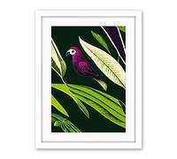 Wee Blue Coo Pink Parrot And Tropical Plant Leaves Vintage Linocut Pattern Detail Artwork Framed Wall Art Print 18X24 Inch