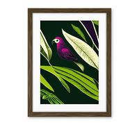 Wee Blue Coo Pink Parrot And Tropical Plant Leaves Vintage Linocut Pattern Detail Artwork Framed Wall Art Print 18X24 Inch