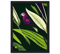 Wee Blue Coo Pink Parrot and Tropical Plant Leaves Vintage Linocut Pattern Detail Artwork Framed Wall Art Print A4