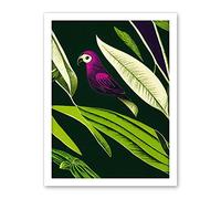 Wee Blue Coo Pink Parrot and Tropical Plant Leaves Vintage Linocut Pattern Detail Artwork Framed Wall Art Print 18X24 Inch