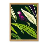 Wee Blue Coo Pink Parrot and Tropical Plant Leaves Vintage Linocut Pattern Detail Artwork Framed Wall Art Print 18X24 Inch