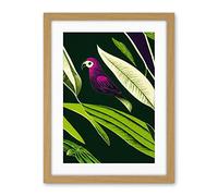 Wee Blue Coo Pink Parrot And Tropical Plant Leaves Vintage Linocut Pattern Detail Artwork Framed Wall Art Print 18X24 Inch