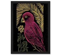 Wee Blue Coo Pink Parrot Bird Black Gold Tropical Plants Modern Vintage Linocut Illustration Artwork Framed A3 Wall Art Print