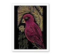 Wee Blue Coo Pink Parrot Bird Black Gold Tropical Plants Modern Vintage Linocut Illustration Artwork Framed Wall Art Print 18X24 Inch