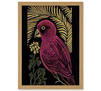 Wee Blue Coo Pink Parrot Bird Black Gold Tropical Plants Modern Vintage Linocut Illustration Artwork Framed A3 Wall Art Print