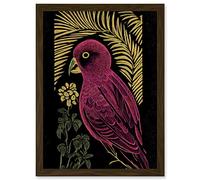 Wee Blue Coo Pink Parrot Bird Black Gold Tropical Plants Modern Vintage Linocut Illustration Artwork Framed A3 Wall Art Print