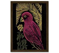 Wee Blue Coo Pink Parrot Bird Black Gold Tropical Plants Modern Vintage Linocut Illustration Artwork Framed Wall Art Print A4