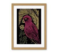Wee Blue Coo Pink Parrot Bird Black Gold Tropical Plants Modern Vintage Linocut Illustration Artwork Framed Wall Art Print 18X24 Inch