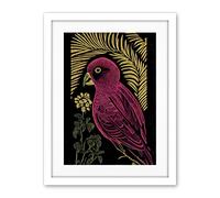 Wee Blue Coo Pink Parrot Bird Black Gold Tropical Plants Modern Vintage Linocut Illustration Artwork Framed Wall Art Print 18X24 Inch