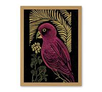 Wee Blue Coo Pink Parrot Bird Black Gold Tropical Plants Modern Vintage Linocut Illustration Artwork Framed Wall Art Print 18X24 Inch