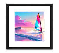 Wee Blue Coo Pink Skies Seascape Windsurfer Windsurfing Bright Vibrant Watercolour Sport Square Wooden Framed Wall Art Print Picture 8X8 Inch
