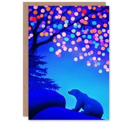 Wee Blue Coo Polar Bear Colourful Fairy Lights Tree at Night Xmas Christmas Card in Blue Wee Blue Coo Blue