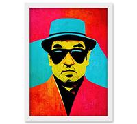 Artery8 Pop Art Bright Jazz Musician Pork Pie Hat Sunglasses Red Turquoise Yellow Artwork Framed Wall Art Print A4 in White Artery8 White