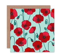 Wee Blue Coo Poppies Poppy Flower Pattern Blue Red Floral Blank Card Wee Blue Coo Multicolor