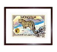 Wee Blue Coo POSTAGE STAMP PANTHERA SNOW LEOPARD MONGOLIA VINTAGE FRAMED PRINT F97X5786