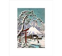 Wee Blue Coo POSTCARD JAPAN WINTER SCENE TORII TEMPLE GATE SNOW TREE FRAMED PRINT B12X12567