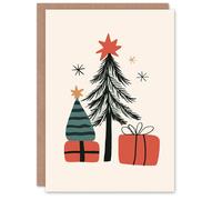 Wee Blue Coo Presents Under Tree Gifts Bright Modern Xmas Art Blank Christmas Card in Red Wee Blue Coo Red