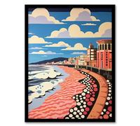 Wee Blue Coo Promenade Perfection Beach Front Graphic Coral Pink Blue City Coastal Landscape Artwork Framed Wall Art Print 18X24 Inch