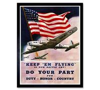 Wee Blue Coo Propaganda Military Air Force Bomber Flag USA War Wwii Enlist Art Print Framed Poster Wall Decor 12X16 Inch