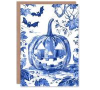 Wee Blue Coo Pumpkin and Bats Spooky Scary Fun Trick or Treat Haunted Scary Halloween Card Blank For All